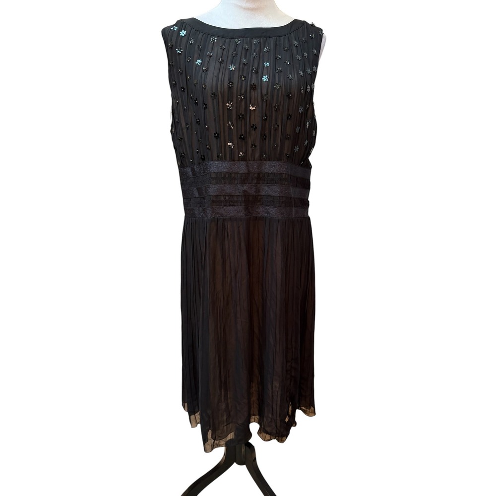 Linda Allard Ellen Tracy Womens 14 Black Sequin‎ Beaded Pleated Chiffon Dress